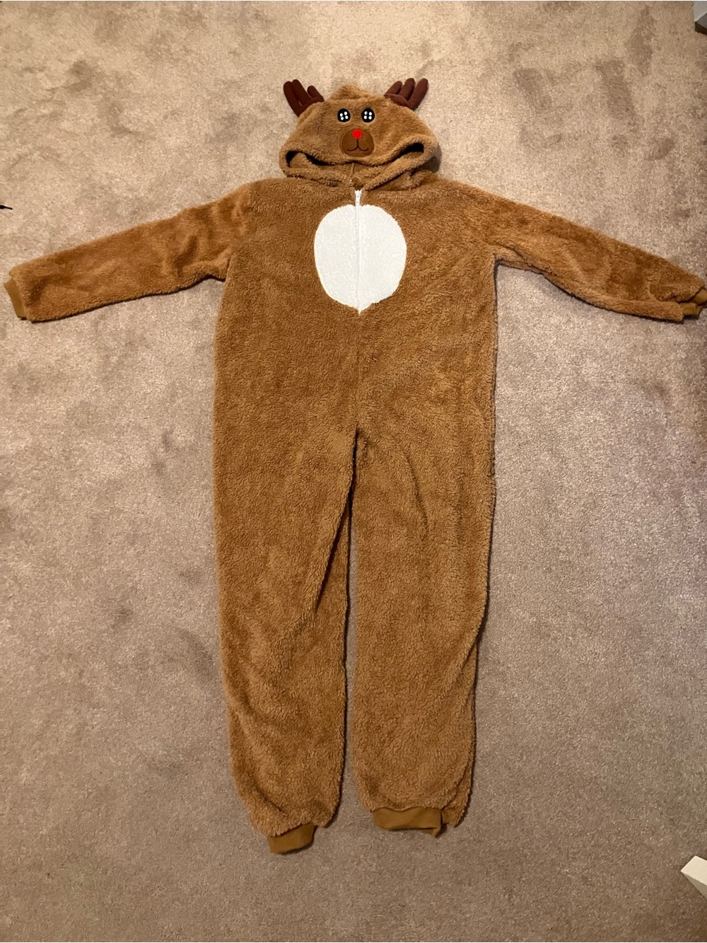 Amazon Brown Holiday Rudolph Reindeer Kids XL Hooded One-Piece Pajamas/Costume
